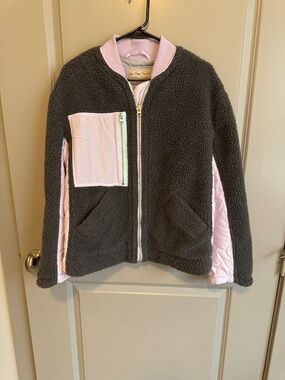 We The Free Charcoal Sherpa Jacket with Light Pink Trim